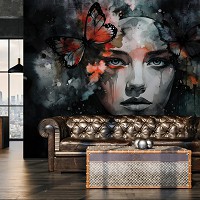 Флизелиновые фотообои с девушками 416x254 см Искусство акварель женщина с бабочкой (14654VEXXXL)+клей