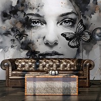 Флизелиновые черно-белые фотообои бабочки 520x318 см Девушка рисунок красками (14655VEXXXXXL)+клей