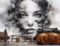 Флизелиновые черно-белые фотообои портреты девушек 312x219 см Девушка с бабочкой рисунок красками (14655VEXXL)+клей