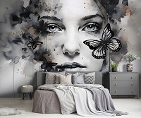 Красивые флизелиновые черно-белые фотообои на кухню 416x254 см Девушка с бабочкой рисунок красками (14655VEXXXL)+клей