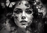 Флизелиновые фотообои искусство 416x290 см Рисованная девушка и бабочка черно-белая (14656VEXXXXL)+клей - вид 1 миниатюра