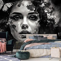 Флизелиновые фотообои на кухню 312x219 см Рисованная девушка и бабочка черно-белая (14656VEXXL)+клей