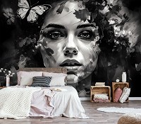 Флизелиновые фотообои в интерьере 416x254 см Рисованная девушка и бабочка черно-белая (14656VEXXXL)+клей