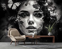 Флизелиновые фотообои искусство 416x290 см Рисованная девушка и бабочка черно-белая (14656VEXXXXL)+клей