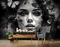 Искусство флизелиновые фотообои 254x184 см Рисованная девушка и бабочка черно-белая (14656V4)+клей