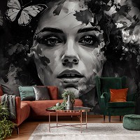 Флизелиновые фотообои на кухню 368x254 см Рисованная девушка и бабочка черно-белая (14656V8)+клей