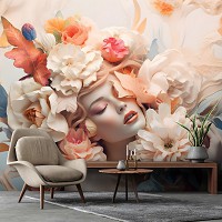 Флизелиновые 3д фотообои искусство 254x184 см Удивительная девушка в цветках с фарфоровым эффектом (14663V4)+клей
