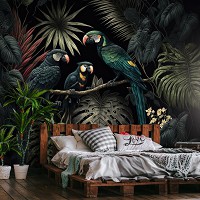 Флізелінові фотошпалери на всю стіну птахи 254x184 см Три папуги в темно зелених тонах у центрі джунглів (14668V4)+клей