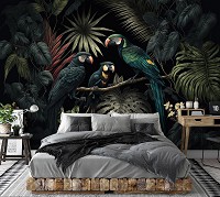 Зелень птахи флізелінові фотошпалери 368x254 см Три папуги в темно зелених тонах у центрі джунглів (14668V8)+клей