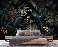 Флізелінові фотошпалери в інтер'єрі птахи 312x219 см Три папуги в темно зелених тонах у центрі джунглів (14668VEXXL)+клей
