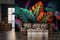 Зелень флизелиновые фотообои 368x254 см Разноцветные неоновые джунгли из рода листовых гигантов (14670V8)+клей