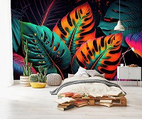 Флізелінові фотошпалери зелене листя 416x254 см Різнокольорові неонові джунглі з листових гігантів (14670VEXXXL)+клей