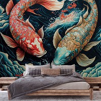 Рыбы флизелиновые фотообои 254x184 см Пара сказочных карпов в стилистике японского прошлого (14673V4)+клей