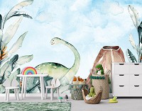 Флизелиновые детские фотообои 368x254 см Динозавр в джунглях на фоне вулкана (14677V8) +клей