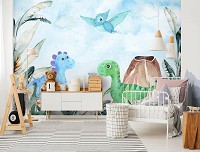 Флизелиновые фотообои в детскую девочке 312x219 см Милые динозаврики в джунглях на фоне вулкана (14678VEXXL) +клей