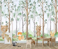 Флизелиновые фотообои в детскую мальчика и девочки 312x219 см Улыбающиеся животные в весеннем лесу (14681VEXXL) +клей
