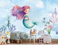 Флизелиновые детские фотообои для девочки 460x300 см Радостная русалочка на морском дне (14682V12) +клей