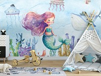 Флізелінові дитячі фотошпалери для дівчинки 368x254 см Радісна русалочка з друзями на морському дні (14683V8) +клей