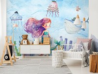 Флизелиновые детские фотообои для девочки 312x219 см Радостная русалочка с друзьями на морском дне (14683VEXXL) +клей