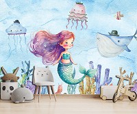 Флизелиновые детские фотообои для девочки 416x254 см Радостная русалочка с друзьями на морском дне (14683VEXXXL) +клей