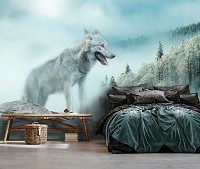 Флизелиновые фотообои животные 312x219 см Серый волк на фоне лесного массива в горах (14684VEXXL) +клей