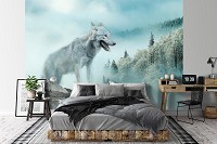Флизелиновые фотообои животные 416x254 см Серый волк на фоне лесного массива в горах (14684VEXXXL) +клей