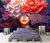 Флизелиновые фотообои в коридор 368x254 см Яркие нежные цветы на фоне лица девушки (14687V8) +клей