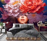 Флизелиновые фотообои для девочек в комнату 368x280 см Яркие нежные цветы на фоне лица девушки (14687V10) +клей