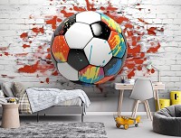 Флизелиновые детские 3д фотообои мальчику 254x184 см Футбольный мяч в ярких цветах на фоне кирпича (14688V4) +клей