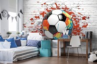 Флизелиновые детские 3д фотообои мальчику 312x219 см Футбольный мяч в ярких цветах на фоне кирпича (14688VEXXL) +клей