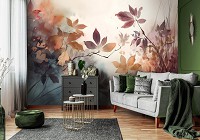 Флизелиновые фотообои в спальню над кроватью 368x254 см Осенние листья на светлом фоне в рисованном стиле (14689V8) +клей