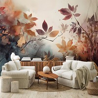 Флизелиновые фотообои в интерьере 312x219 см Осенние листья на светлом фоне в рисованном стиле (14689VEXXL) +клей