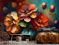 Флизелиновые фотообои живопись искусство 312x219 см Яркий букет цветов на синем фоне (14690VEXXL) +клей