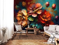 Флизелиновые фотообои живопись искусство 416x254 см Яркий букет цветов на синем фоне (14690VEXXXL) +клей