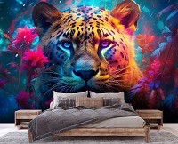 Флизелиновые 3д фотообои животные 416x290 см Леопард в красочном лесу среди растений (14691VEXXXXL) +клей