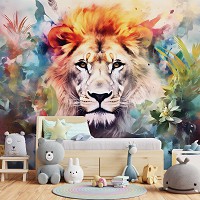 Флизелиновые фотообои в спальню животные 368x280 см Лев в красочных цветах на светлом фоне (14692V10) +клей