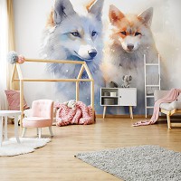 Флизелиновые фотообои животные в детскую девочке 254x184 см Две лисички луна и солнце в живописном стиле (14694V4) +клей