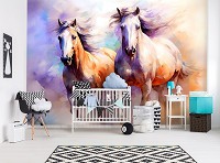 Флизелиновые фотообои животные кони 416x290 см Могучие мустанги в рисованном стиле на светлом фоне (14699VEXXXXL) +клей