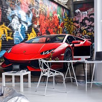 Флизелиновые 3д фотообои машинами 416x290 см Красная Ламборджини на фоне улицы с граффити (14701VEXXXXL) +клей