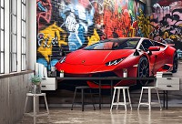 Флизелиновые 3д фотообои машины 520x318 см Красная Ламборджини на фоне улицы с граффити (14701VEXXXXXL) +клей