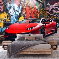 Флизелиновые 3д фотообои с машинами 416x254 см Красная Ламборджини на фоне улицы с граффити (14701VEXXXL) +клей