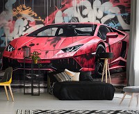 Машины флизелиновые 3д фотообои 368x280 см Красная Ламборджини в краске на фоне улицы с граффити (14702V10) +клей
