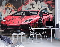 3d флизелиновые фотообои машины 460x300 см Красная Ламборджини в краске на фоне улицы с граффити (14702V12) +клей