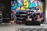 Флизелиновые 3д фотообои с машинами 368x280 см Черный Мустанг в краске на фоне улицы с граффити (14703V10) +клей