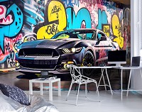 З д флизелиновые фотообои с машинами 254x184 см Черный Мустанг в краске на фоне улицы с граффити (14703V4) +клей