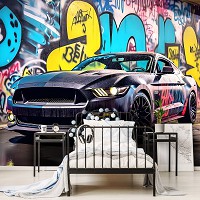 Флизелиновые 3д фотообои с машинами 368x254 см Черный Мустанг в краске на фоне улицы с граффити (14703V8) +клей