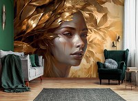 Искусство флизелиновые 3д фотообои 368x254 см Девушка с венком из золотых листьев на светлом фоне (14704V8) +клей