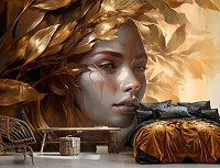 Флизелиновые 3д фотообои искусство 312x219 см Девушка с венком из золотых листьев на светлом фоне (14704VEXXL) +клей