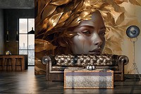 Флизелиновые 3д фотообои для спальни 416x254 см Девушка с венком из золотых листьев на светлом фоне (14704VEXXXL) +клей