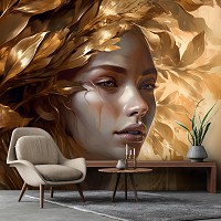 Флизелиновые 3д фотообои для зала 416x290 см Девушка с венком из золотых листьев на светлом фоне (14704VEXXXXL) +клей